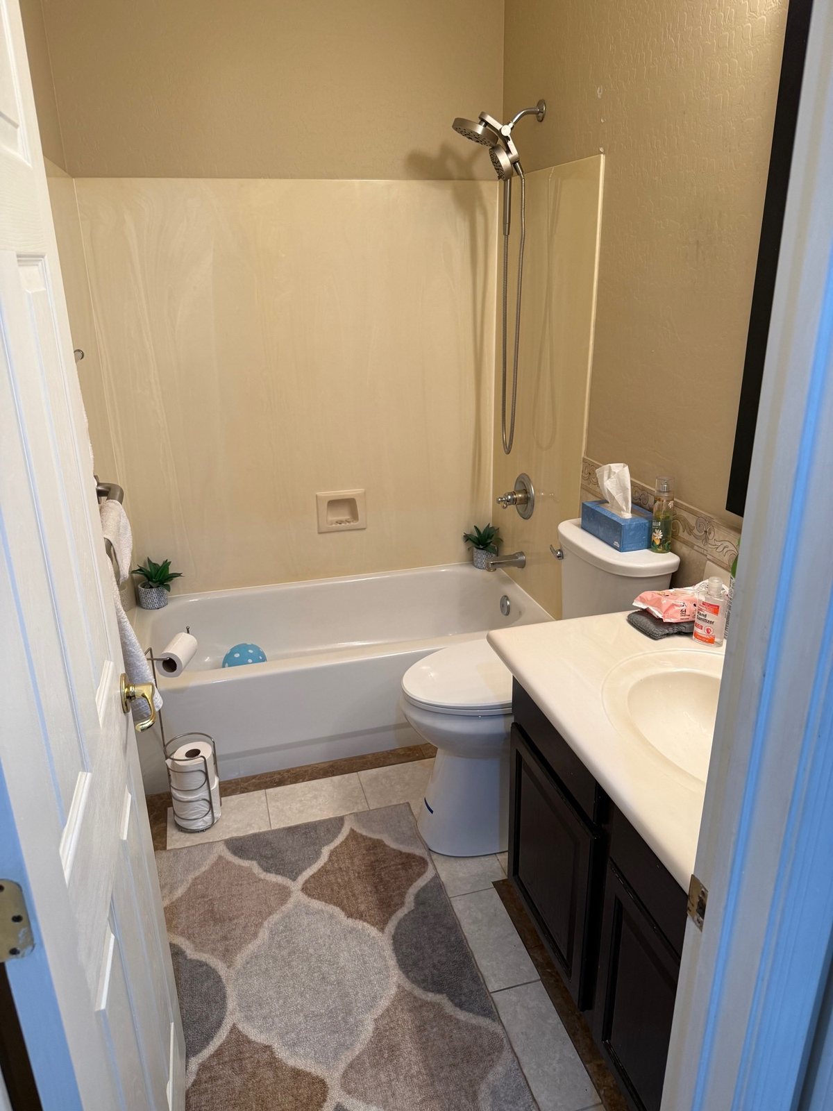 Before — dated tub shower combo bathroom