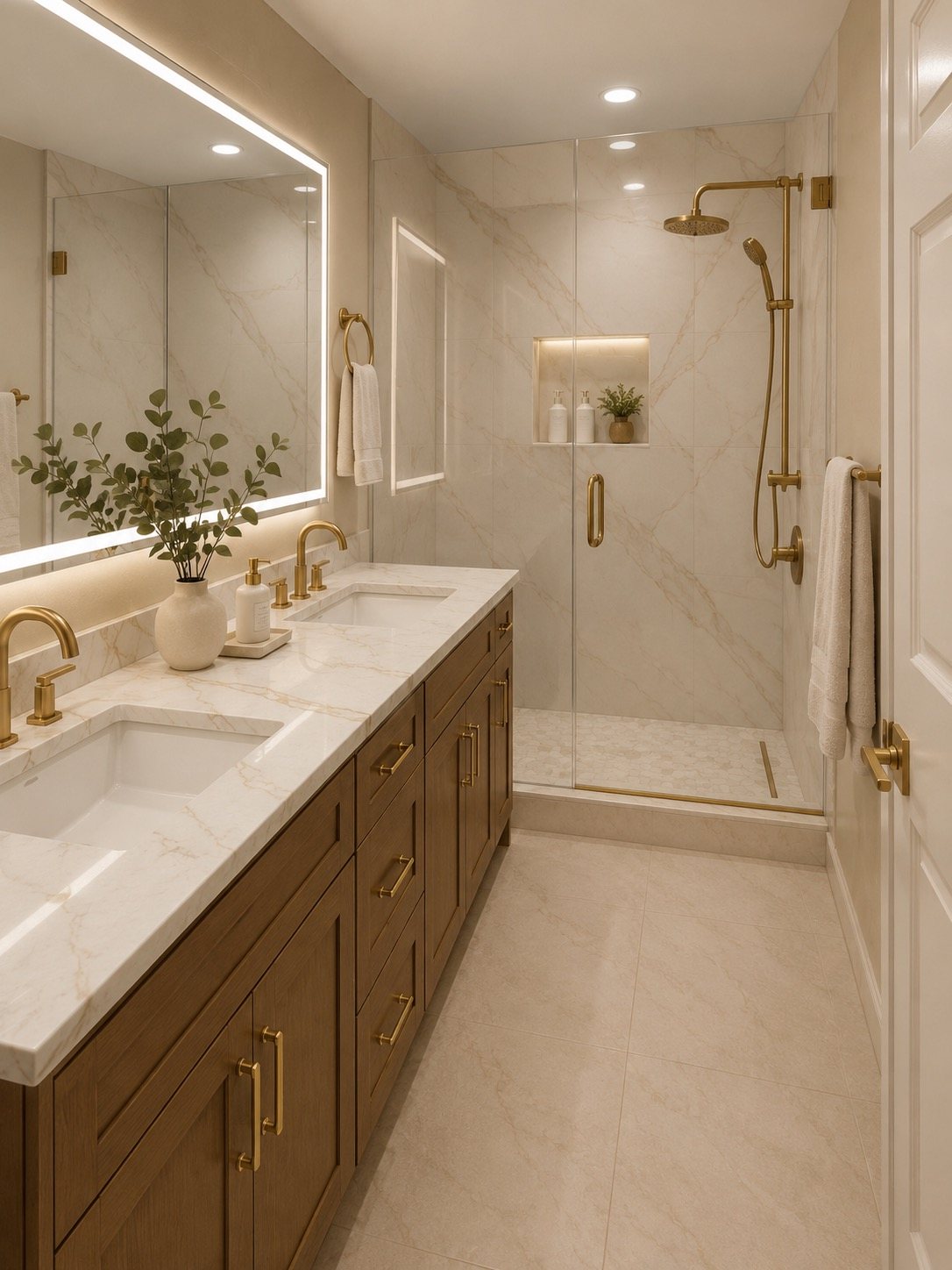 Double vanity bathroom with gold fixtures and glass shower