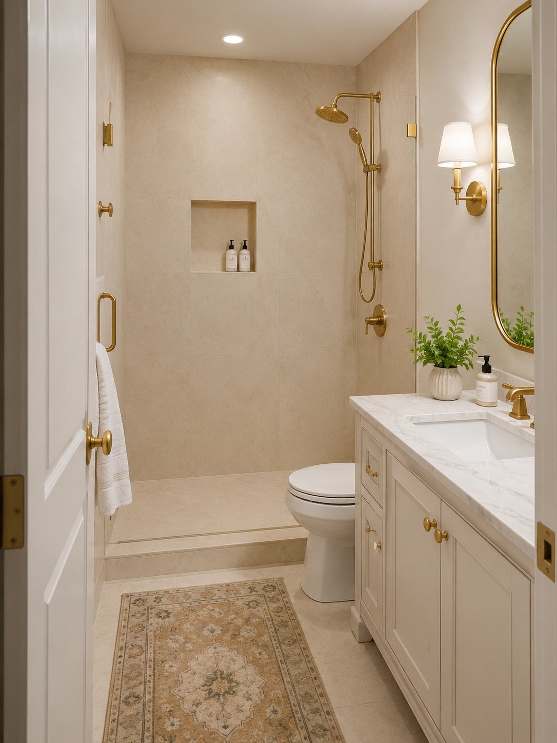 Luxury bathroom remodel with gold fixtures and walk-in shower