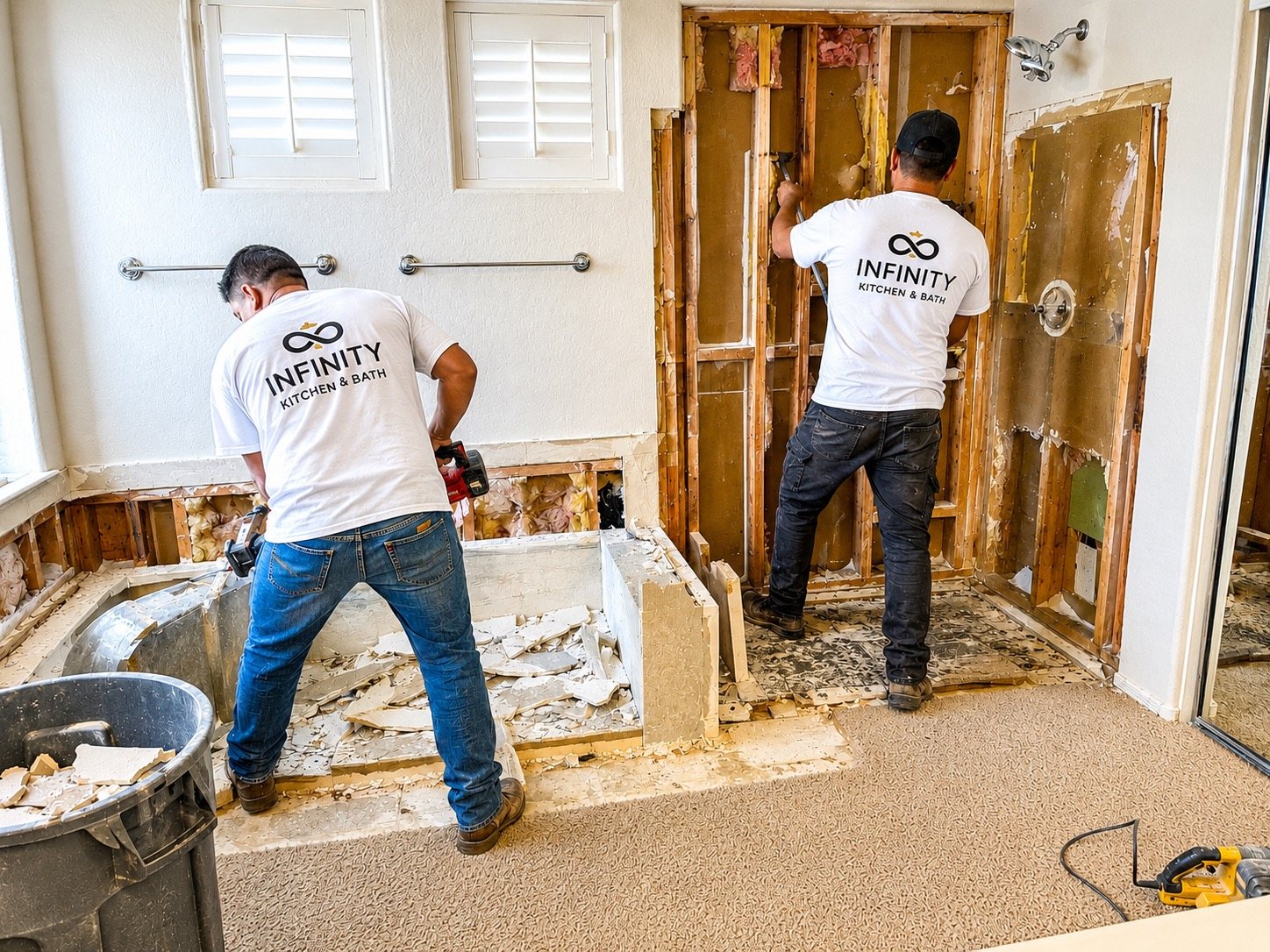 Infinity Kitchens and Baths crew during bathroom demolition